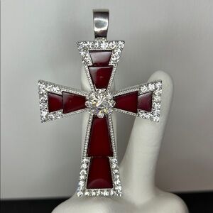 Elegant Red Inlay and Silver Tone with Rhinestones Cross Vintage Estate Pendant
